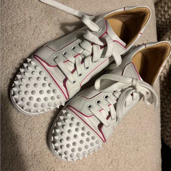 Authentic Christian Louboutin White and Pink Studded Sneakers 37.5‎ - Picture 2 of 12